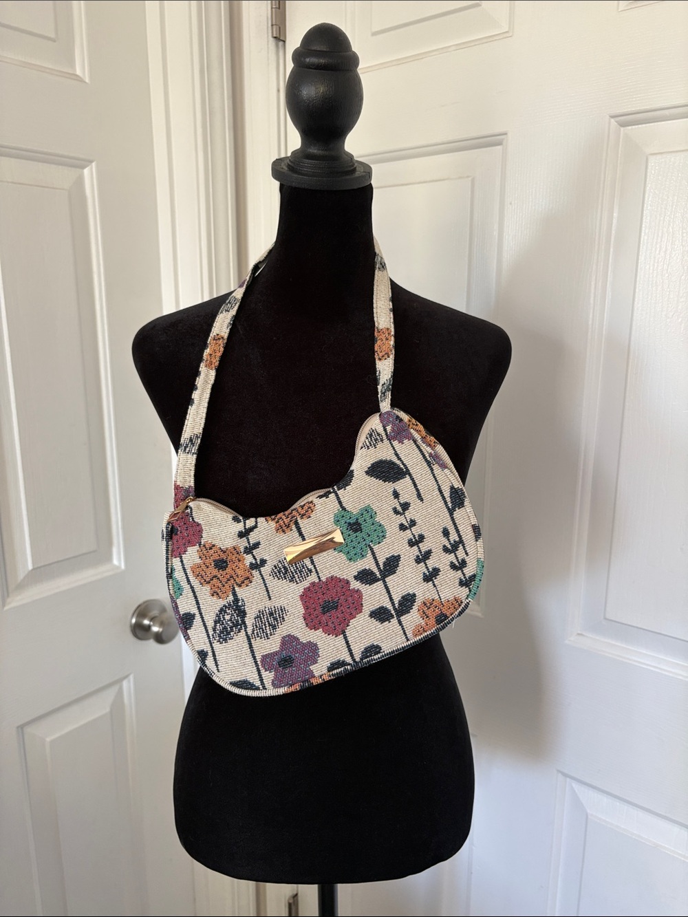 Floral Tapestry Shoulder Bag with a Curved Baguette Silhouette